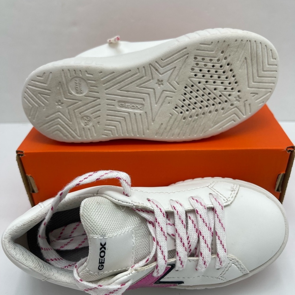 Geox Kids White Leather Sneakers with Pink Lightning Bolt with orthopedic insole - Picture 14 of 16